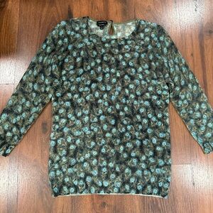 Talbots Sweater Women Small Green Peacock Cashmere 3/4 Sleeve Preppy Artsy Bird
